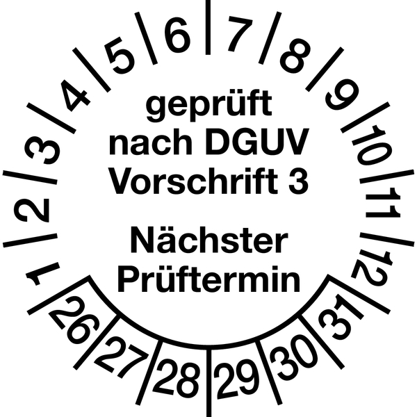 Prüfplakette, DGUV Vorschrift 3 Nächster Prüftermin, Jahresfarben, Ø30mm, Folie - Bogen = 10 Stück