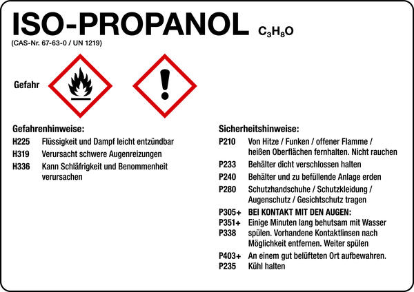 Gefahrstoffetikett, Isopropanol, Folie, mit H- und P-Sätzen /GHS/CLP/GefStoffV
