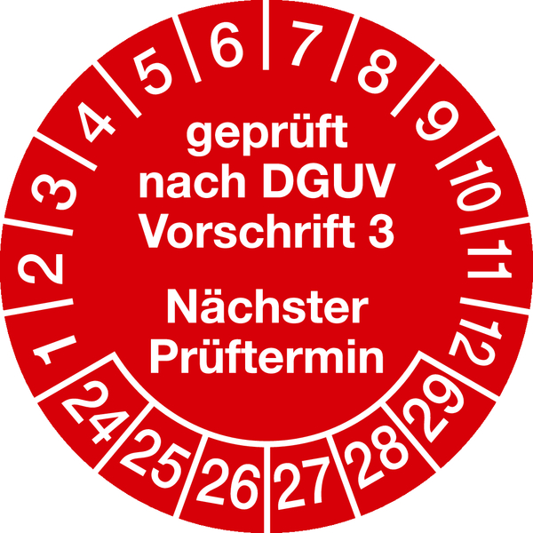 Prüfplakette, DGUV Vorschrift 3 Nächster Prüftermin, rot/weiß, Folie, Ø 30mm - Bogen = 10 Plaketten