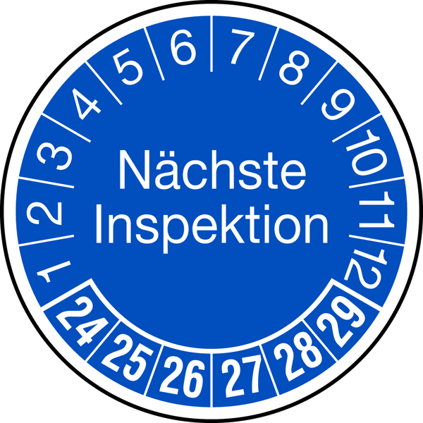 Prüfplakette, Nächste Inspektion, blau/weiß, Folie, Ø 30 mm - Bogen = 10 Plaketten