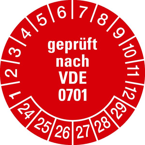 Prüfplakette, geprüft nach VDE 0701, rot/weiß, Ø 30 mm - Bogen = 10 Plaketten