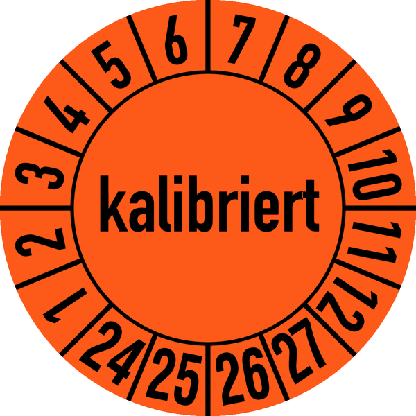 Prüfplakette, kalibriert, orange/schwarz, Folie, Ø 30 mm - Bogen = 10 Plaketten