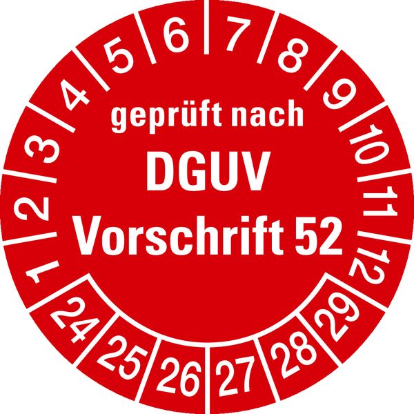 Prüfplakette, geprüft nach DGUV Vorschrift 52, rot/weiß, Folie, Ø 30 mm - Bogen = 10 Plaketten