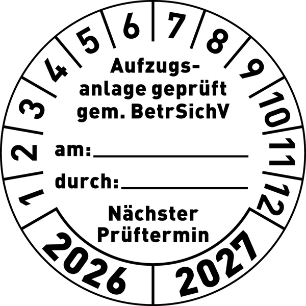 Prüfplakette, Aufzugsanlage geprüft gem. BetrSichV, weiß/schwarz, Folie, Ø 30 mm - Bogen = 10 Stk.