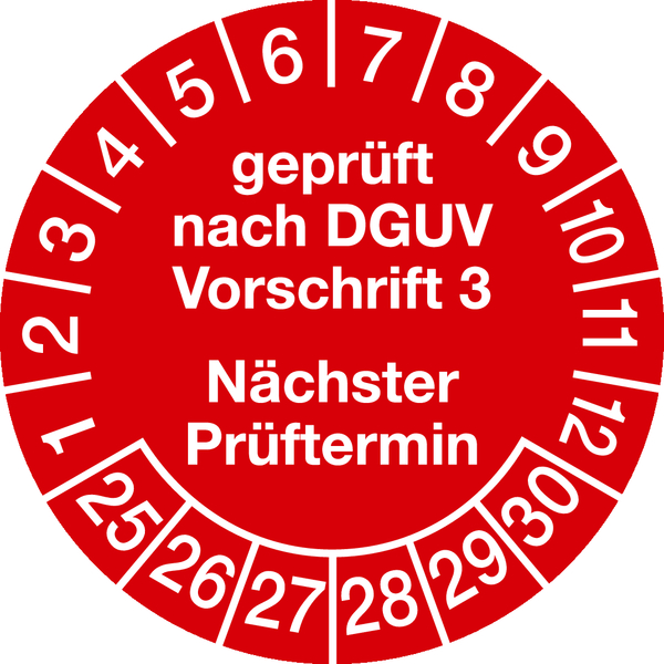 Prüfplakette, DGUV Vorschrift 3 Nächster Prüftermin, rot/weiß, Folie, Ø 30mm - Bogen = 10 Plaketten