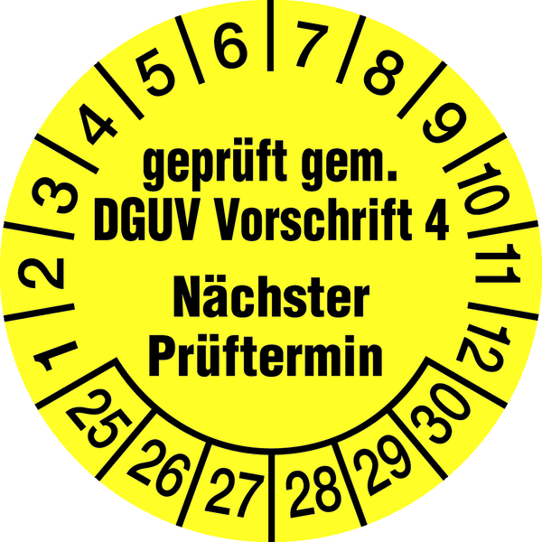 Prüfplakette, DGUV Vorschrift 4 Nächster Prüftermin, gelb/schwarz, Folie, Ø 30mm - Bogen = 10 Stk.