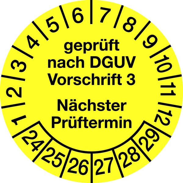 Prüfplakette, DGUV Vorschrift 3 Nächster Prüftermin, Jahresfarben, Ø20mm, Folie - Bogen = 10 Stück