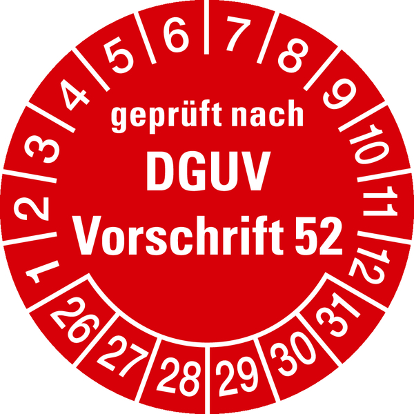 Prüfplakette, geprüft nach DGUV Vorschrift 52, rot/weiß, Folie, Ø 30 mm - Bogen = 10 Plaketten