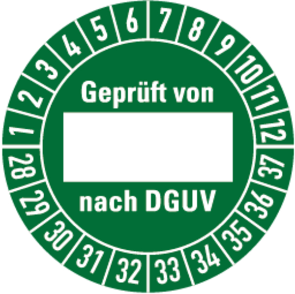 Prüfplakette, Geprüft von (Freifeld) nach DGUV, grün/weiß, Folie, Ø 30 mm - Bogen = 10 Plaketten