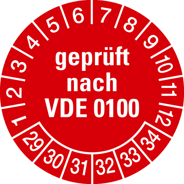 Prüfplakette, geprüft nach VDE 0100, rot/weiß, Folie, Ø 30 mm - Bogen = 10 Plaketten