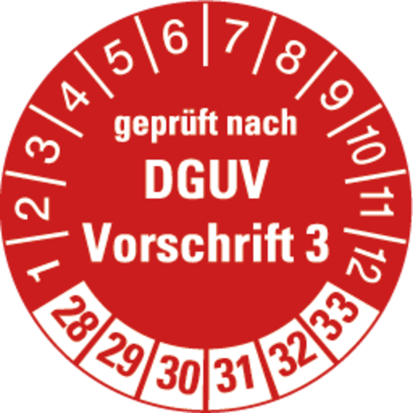 Prüfplakette, geprüft nach DGUV Vorschrift 3, rot/weiß, Ø 30 mm - Spenderbox à 500 Stück