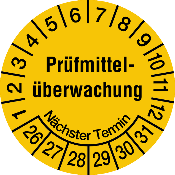 Prüfplakette, Prüfmittelüberwachung Nächster Termin, gelb/schwarz, Folie, Ø 20mm - Bogen = 10 Stk.