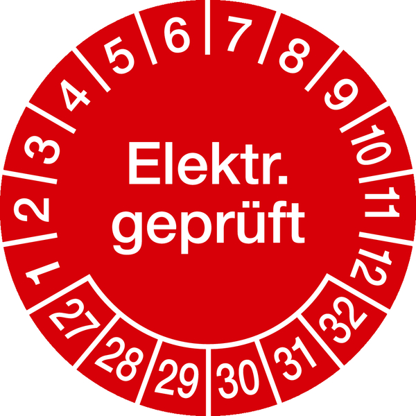 Prüfplakette, Elektr. geprüft, rot/weiß, Folie, Ø 30 mm - Spenderbox à 500 Stück