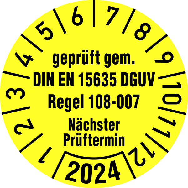 Jahresprüfplakette, geprüft gem. DIN EN 15635/DGUV Regel 108-007, Folie, Ø 30mm - Bogen = 10 Stk.