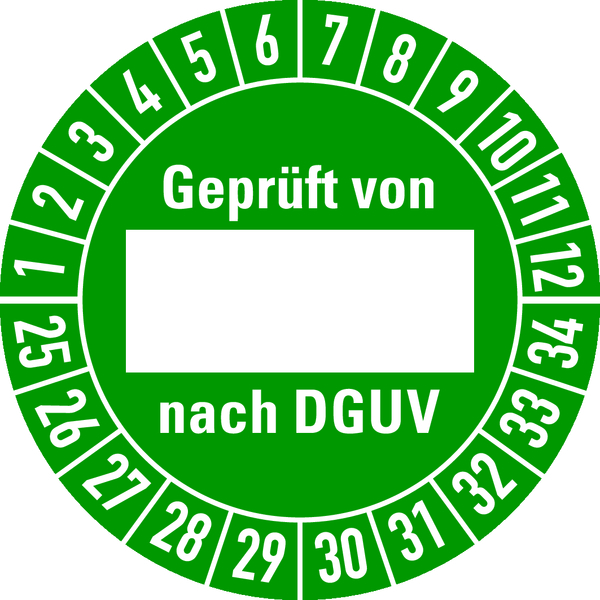 Prüfplakette, Geprüft von (Freifeld) nach DGUV, grün/weiß, Folie, Ø 30 mm - Bogen = 10 Plaketten