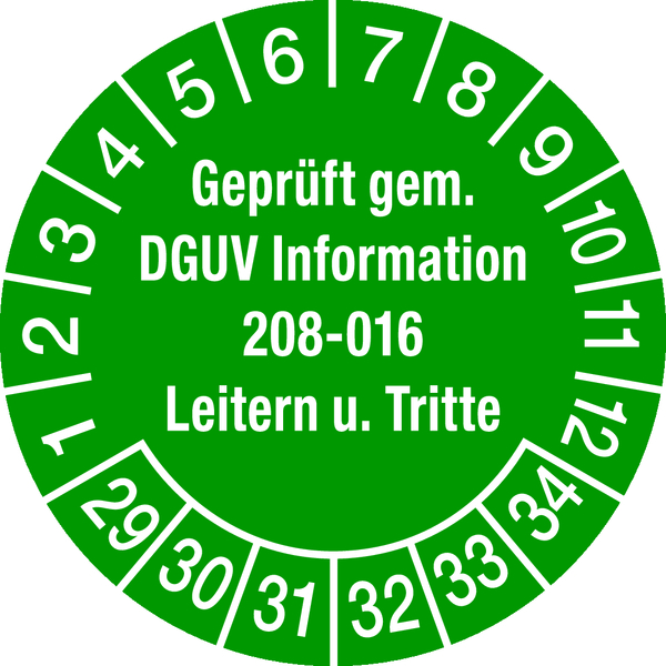 Prüfplakette, DGUV Information 208-016 Leitern und Tritte, grün/weiß, Ø 30 mm - Bogen = 10 Plaketten