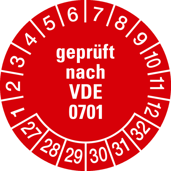 Prüfplakette, geprüft nach VDE 0701, rot/weiß, Ø 30 mm - Bogen = 10 Plaketten