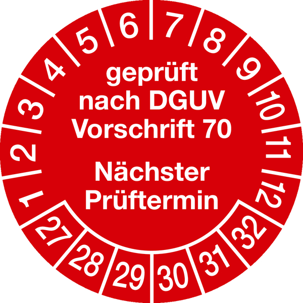 Prüfplaketten, DGUV Vorschrift 70 Nächster Prüftermin, rot/weiß, Folie, Ø 30 mm - Bogen = 10 Stk.