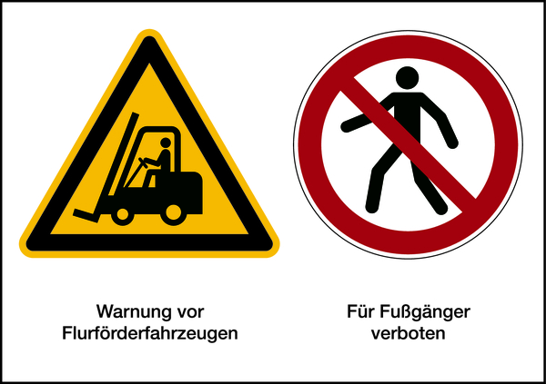 Produktsicherheitsschild, Flurförderfahrzeuge / Fußgänger verboten, 148 x 210 mm