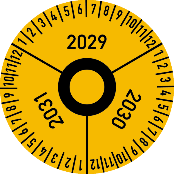 Drei-Jahres-Prüfplakette, Jahresfarben, Folie, Ø 30 mm - Bogen = 10 Plaketten