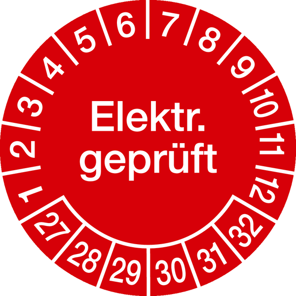 Prüfplakette, Elektr. geprüft, rot/weiß, Ø 20 mm - Bogen = 10 Plaketten