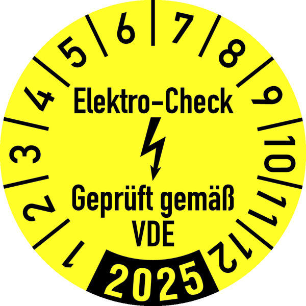 Jahresprüfplakette, Elektro-Check Geprüft gem. VDE, gelb/schwarz, Folie, Ø 30 mm - Bogen = 10 Stk.