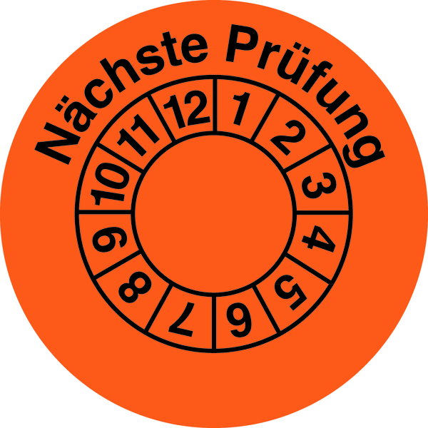 Prüfplakette, Nächste Prüfung, orange/schwarz, Folie, Ø 35 mm - Bogen = 10 Plaketten