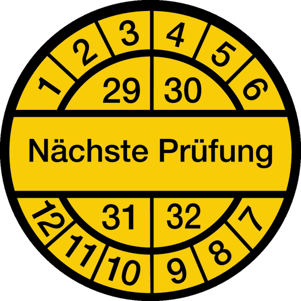 Prüfplakette, Nächste Prüfung, schwarz/gelb, Dokumentenfolie, Ø 12,5/30 mm - Bogen = 10 Plaketten