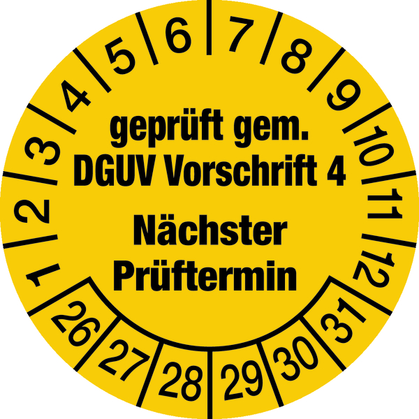 Prüfplakette, DGUV Vorschrift 4 Nächster Prüftermin, gelb/schwarz, Folie, Ø 30mm - Bogen = 10 Stk.