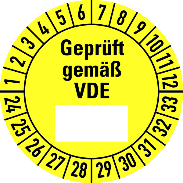 Prüfplakette, Geprüft gemäß VDE (Freifeld), gelb/schwarz, Folie, Ø 30 mm - Bogen = 10 Plaketten