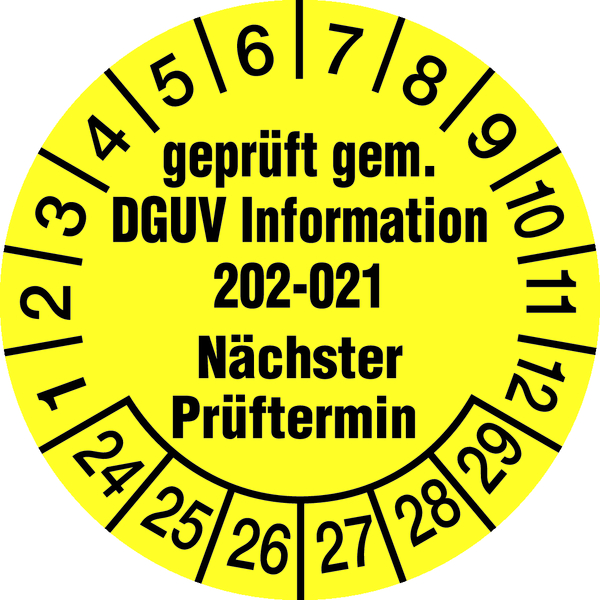 Prüfplakette, DGUV Information 202-021 Nächster Prüftermin, gelb/schwarz, Ø 30mm - Bogen = 10 Stk.