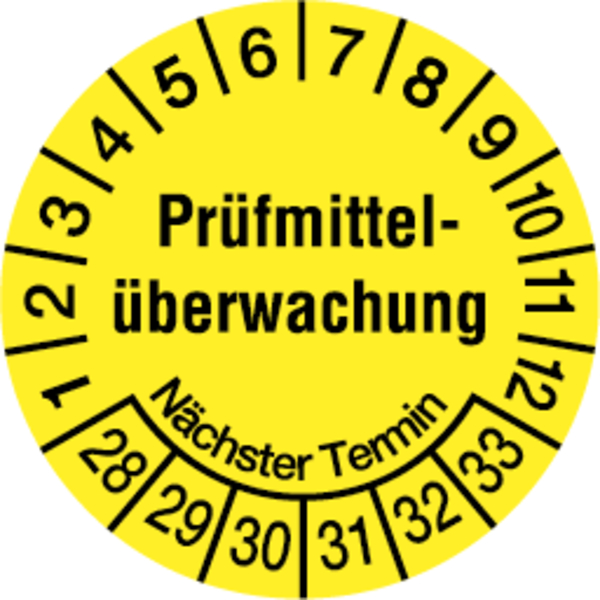 Prüfplakette, Prüfmittelüberwachung Nächster Termin, gelb/schwarz, Folie, Ø 20mm - Bogen = 10 Stk.