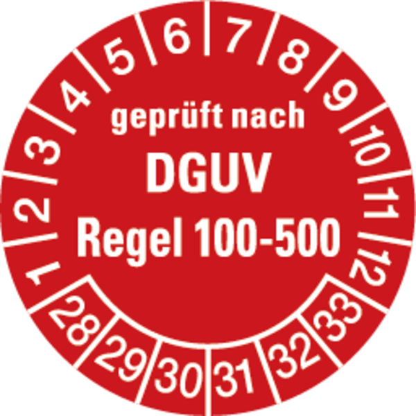 Prüfplakette, DGUV Regel 100-500, rot/weiß, Folie, Ø 30 mm - Bogen = 10 Plaketten