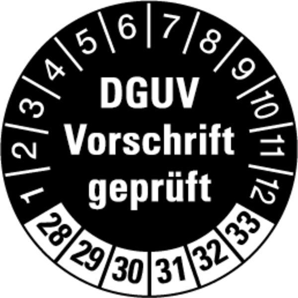 Prüfplakette, DGUV Vorschrift geprüft, schwarz/weiß, Ø 30 mm - Bogen = 10 Plaketten