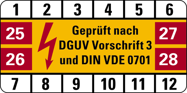 Prüfplakette, DGUV Vorschrift 3 & DIN VDE 0701, Folie, 25 x 50 mm - Bogen = 10 Plaketten