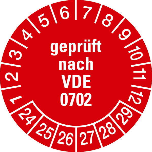 Prüfplakette, geprüft nach VDE 0702, rot/weiß, Ø 30 mm - Bogen = 10 Plaketten