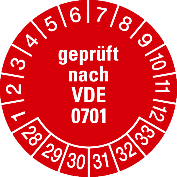 Prüfplakette, geprüft nach VDE 0701, rot/weiß, Ø 30 mm - Bogen = 10 Plaketten