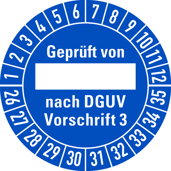 Prüfplakette, Geprüft von _____ nach DGUV Vorschrift 3, blau/weiß, Ø 30mm - Bogen = 10 Plaketten