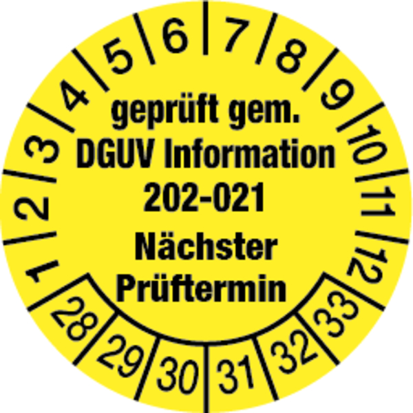 Prüfplakette, DGUV Information 202-021 Nächster Prüftermin, gelb/schwarz, Ø 30mm - Bogen = 10 Stk.