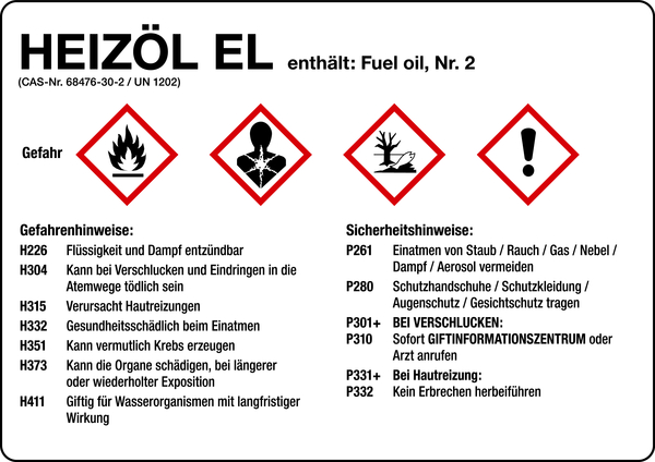Gefahrstoffetikett, Heizöl EL, Folie, mit H- und P-Sätzen /GHS/CLP/GefStoffV