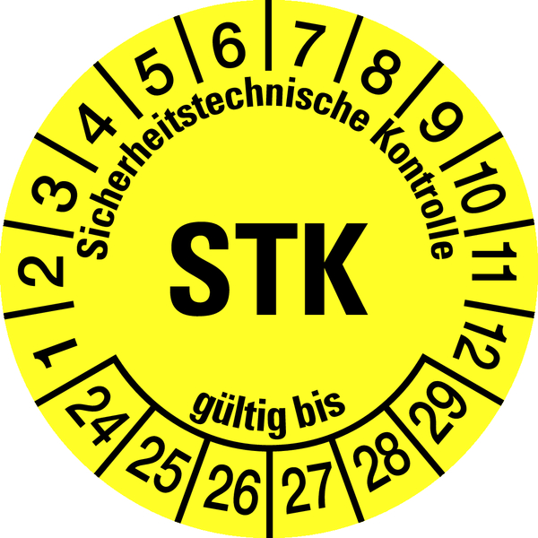 Prüfplakette, STK, gelb/schwarz, Folie, Ø 30 mm - Bogen = 10 Plaketten
