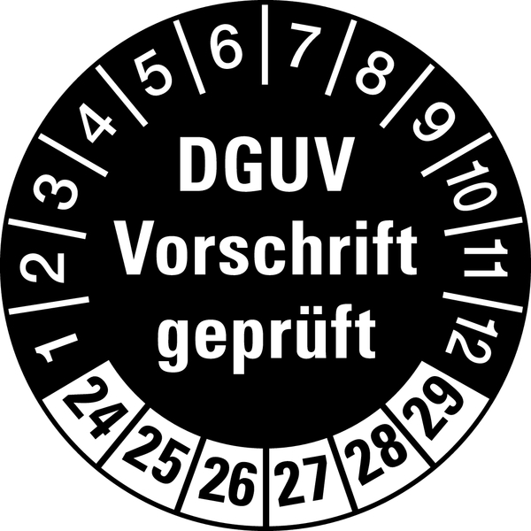 Prüfplakette, DGUV Vorschrift geprüft, schwarz/weiß, Ø 30 mm - Bogen = 10 Plaketten