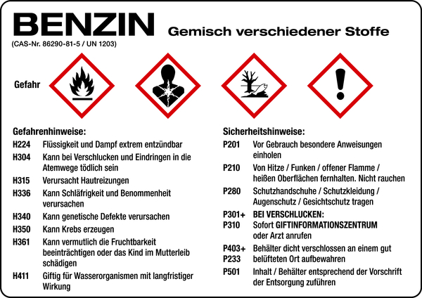 Gefahrstoffetikett, Benzin, Folie, mit H- und P-Sätzen /GHS/CLP/GefStoffV