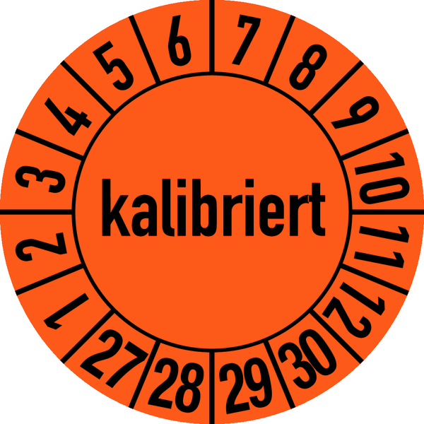 Prüfplakette, kalibriert, orange/schwarz, Folie, Ø 30 mm - Bogen = 10 Plaketten