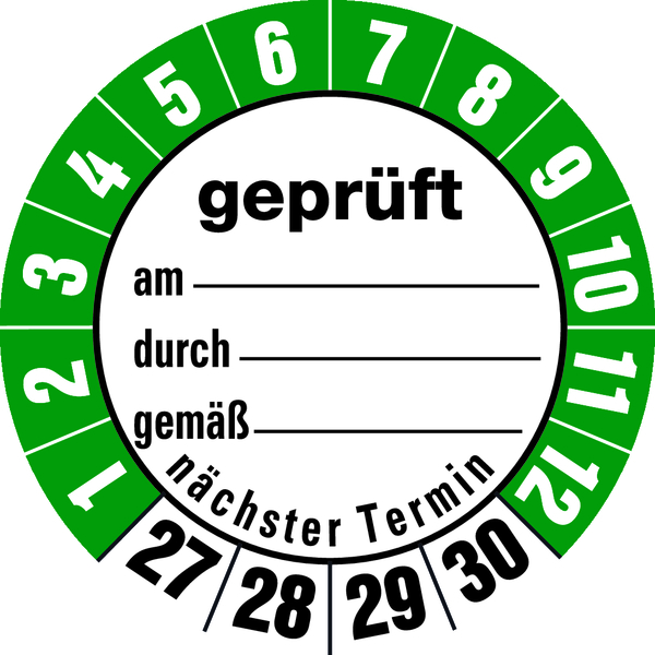 Prüfplakette, geprüft am_ durch_ gemäß_ nächster Termin, Folie, Ø 35 mm - Bogen = 10 Plaketten