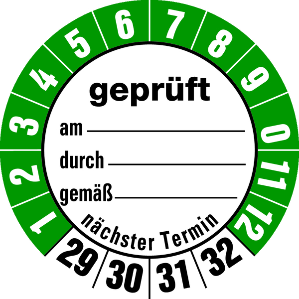 Prüfplakette, geprüft am_ durch_ gemäß_ nächster Termin, Folie, Ø 35 mm - Bogen = 10 Plaketten