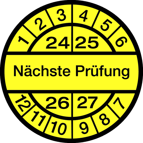 Prüfplakette, Nächste Prüfung, schwarz/gelb, Dokumentenfolie, Ø 12,5/30 mm - Bogen = 10 Plaketten