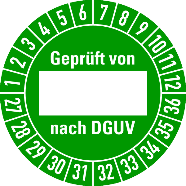 Prüfplakette, Geprüft von (Freifeld) nach DGUV, grün/weiß, Folie, Ø 30 mm - Bogen = 10 Plaketten