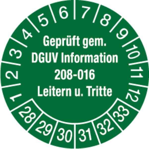 Prüfplakette, DGUV Information 208-016 Leitern und Tritte, grün/weiß, Ø 30 mm - Bogen = 10 Plaketten