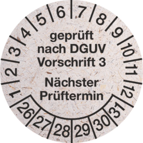 Prüfplakette, DGUV V3 Nächster Prüftermin, Graspapier, Jahresfarben, Ø 30 mm - Bogen = 10 Plaketten